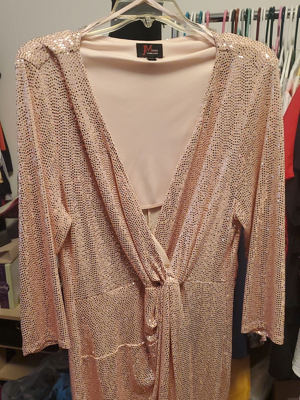 JM Collection Rose Gold Sequin Long Sleeve Wrap Dress